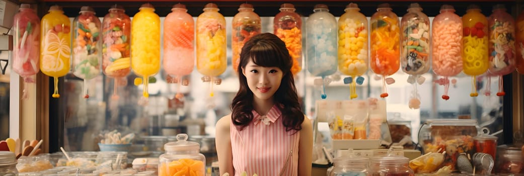 A young Japanese woman stands at a candy store bathed in soft sunlight, conveying warmth and comfort. It brings back memories of happy childhood times and can stimulate past Japanese culture.
