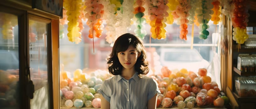A young Japanese woman stands at a candy store bathed in soft sunlight, conveying warmth and comfort. It brings back memories of happy childhood times and can stimulate past Japanese culture.