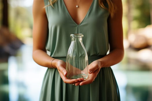 Woman in a green dress presenting a transparent glass bottle with care.