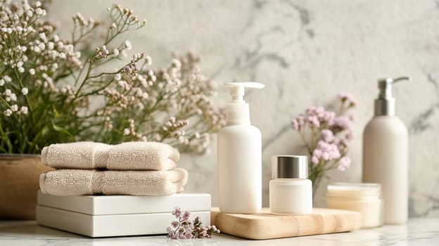 Spa essentials with flowers on neutral backdrop.Body Care and Toiletries