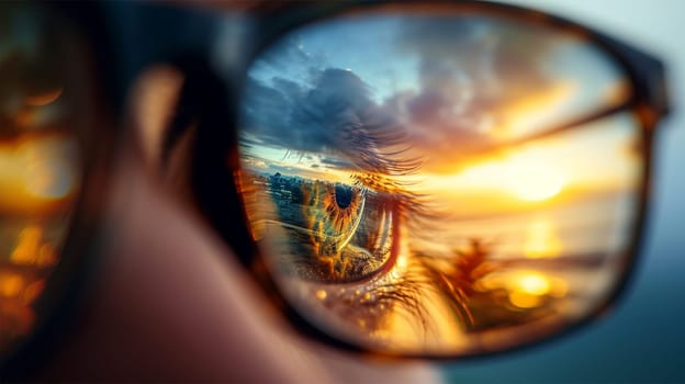 Close-up of a sunset reflected in eyewear.