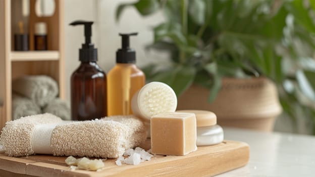 Body Care and Toiletries .Spa essentials with flowers on neutral backdrop.