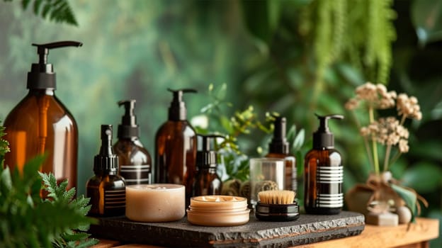 Natural skincare products assortment on a rustic backdrop with greenery.Body Care and Toiletries