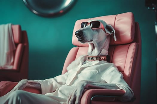 Adorable dog relaxing on a pink salon chair.