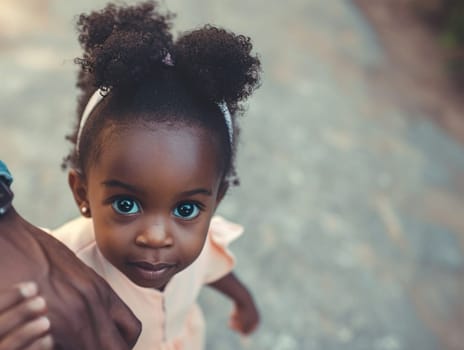 Portrait of a young African girl with charming eyes and pigtails, looking up and holding her father's hand.