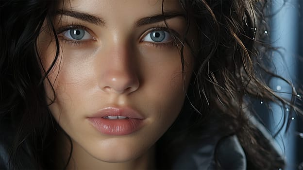 Detailed portrait of a woman with striking blue eyes and wet hair strands.