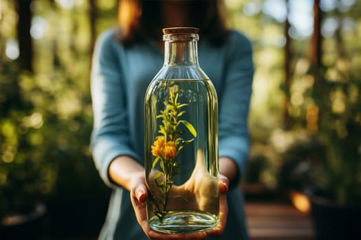 A woman holds a bottle of vegetable oil decorated with fresh flowers.