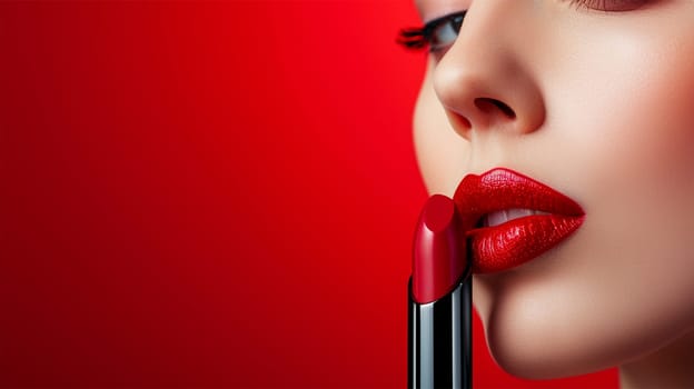 Woman applying vibrant red lipstick.advertising red lipstick background.copy space