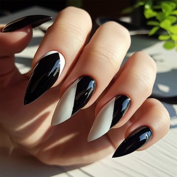 Beautiful manicure for long nails in black and white ,geometric nail design and extensions in a nail salon