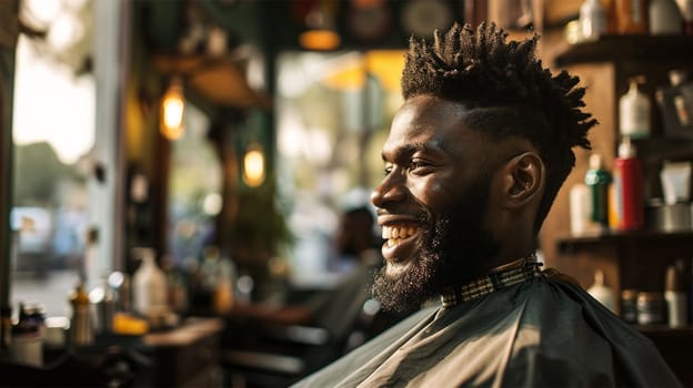 Cheerful African man enjoying grooming session at a barber shop.