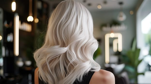 Back view of blonde wavy hair after styling in a salon. Blonde Waves Perfection