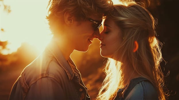 Silhouetted couple about to kiss with the sun setting behind them.