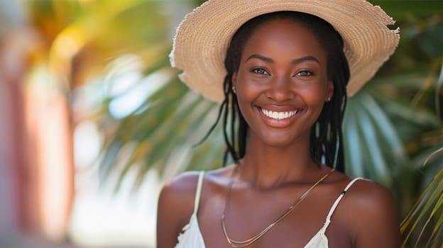 Joyful woman with sunhat smiling outdoors.