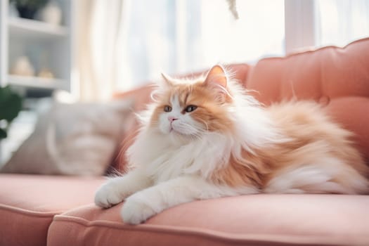 A majestic fluffy cat rests on a peach sofa, gazing distantly.