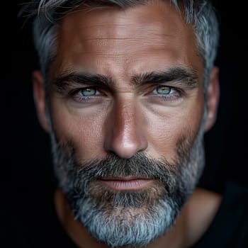 Close-up of a man with intense eyes and a full beard.