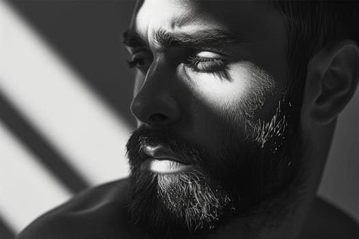 Dramatic monochrome close-up of a bearded man with shadow play.
