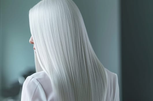 Silky smooth, straight silver hair of a woman.Sleek Silver Hair Elegance.