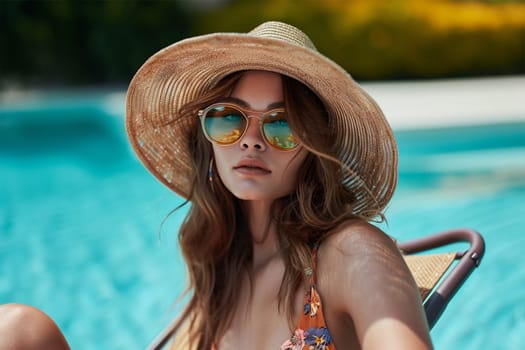 Stylish woman in sunglasses and sunhat lounging poolside.