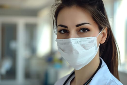 portrait of a young cheerful female doctor in a white medical mask, in a bright room in the hospital