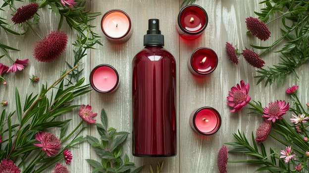 Aromatic oil bottle with lit candles and fresh flowers on rustic wooden background.