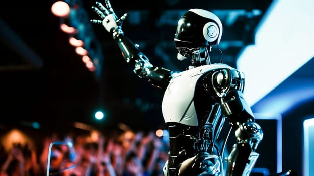 Robot Speaker at Tech Conference. A humanoid robot with a raised hand on stage at a technology event.