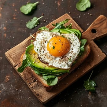sandwich with one fried egg and avocado on a wooden board, rustic style