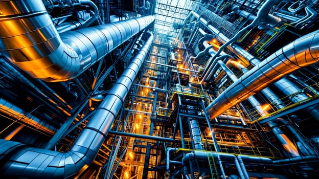 Complex network of pipes and structures in an industrial setting, illuminated by blue light.