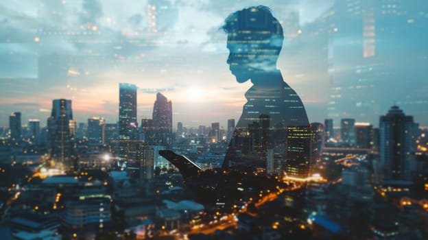 Businessman working on digital tablet with double exposure , concepts of real estate business development