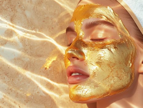 Close-up of a woman's face adorned with a luxurious gold leaf mask.spa advertisement