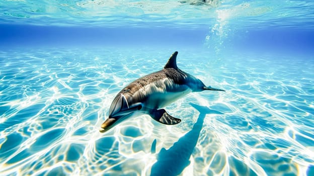 A playful dolphin glides underwater with sun rays piercing through the sea.