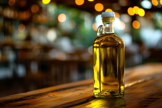A glass bottle of olive oil on a rustic wooden restaurant table, warmly lit.