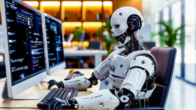 A humanoid robot at a desk analyzing data on computer screens.