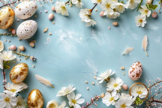 Easter composition with eggs and blossoms on a pastel blue background. Easter background with copy space.