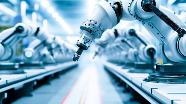 Robotic white metal arms in action on an industrial assembly line.