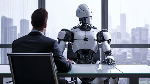 A businessman in a formal suit in a meeting with a humanoid robot at a modern office.Business Meeting with Robot.