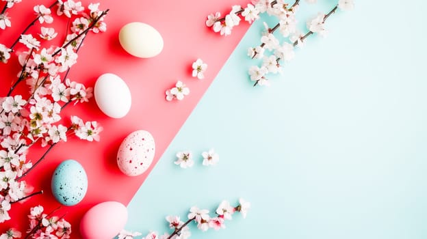 Easter eggs and cherry blossoms in pastel colors on a two-tone pink and blue background, space for text