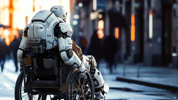 An advanced robot equipped with mobility technologies navigates a city street in a wheelchair.