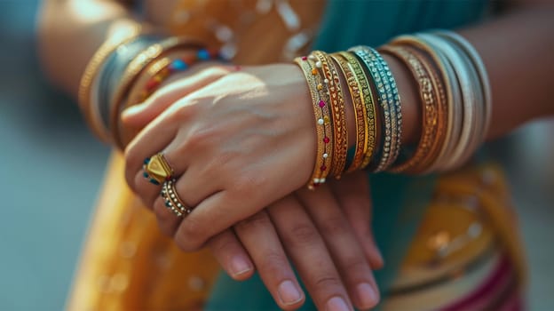 beautiful female hands with many simple stylish bangles in pastel colors .Close-up of a hand gracefully displaying an assortment of gold and gemstone jewelry.