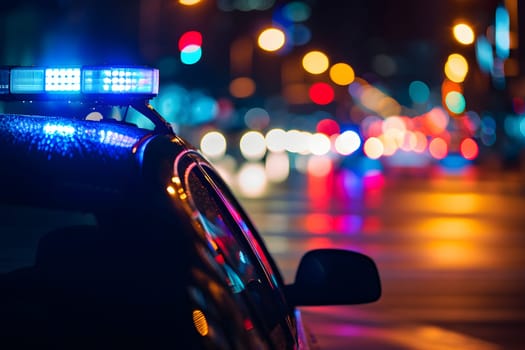 police car lights at night in city street with selective focus and bokeh. Neural network generated image. Not based on any actual person or scene.