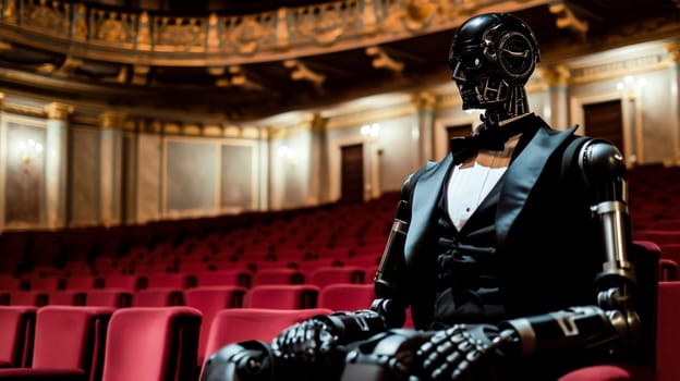 An elegantly dressed robot sits in a large, empty opera house.Sophisticated Robot at Opera House.