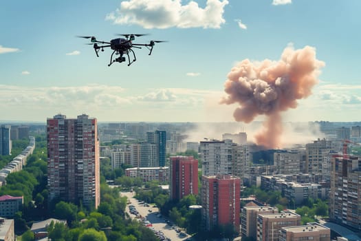 Copter drone over city with smoke. Neural network generated image. Not based on any actual scene or pattern.