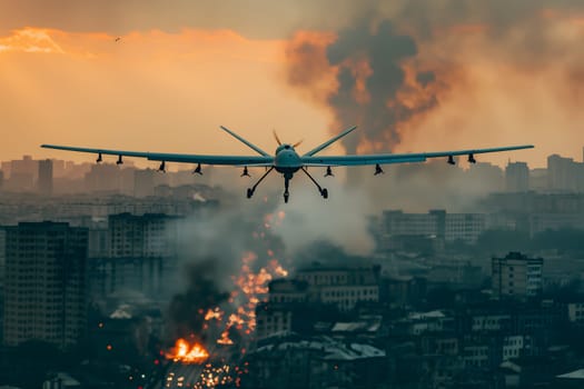 Plane drone over burning city at sunset or sunrise. Neural network generated image. Not based on any actual scene or pattern.