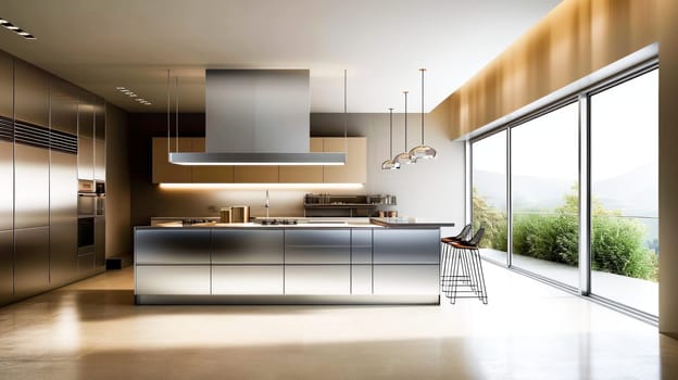 Airy and modern kitchen with large windows overlooking nature.