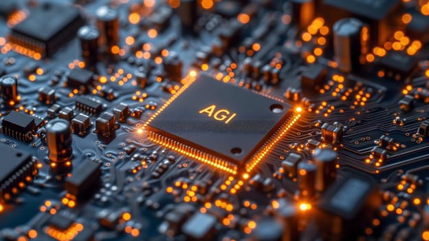 AGI - artificial general intelligence - microchip on black circuit board with orange glow, dedicated AI hardware concept. Neural network generated image. Not based on any actual scene or pattern.