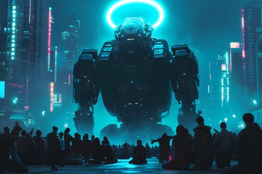 Cyber god in front of their adepts for artificial super intelligence encounter. Neural network generated image. Not based on any actual person or scene.