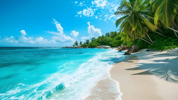 tropical beach view at sunny day with white sand, turquoise water and palm tree. Neural network generated image. Not based on any actual scene or pattern.