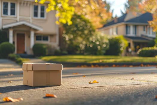 Cardboard box in front of residential home entrance at sunny day. Neural network generated image. Not based on any actual person or scene.