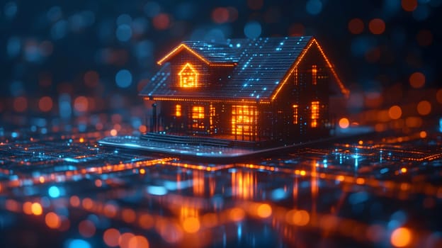house hologram over cellphone in futuristic digital background. Neural network generated image. Not based on any actual person or scene.