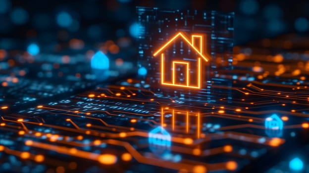house hologram in futuristic digital background. Neural network generated image. Not based on any actual person or scene.
