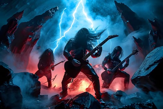 hellish rock musicians band with electric guitars in a rock world/ Digitally generated image. Not based on any actual person, scene or pattern.